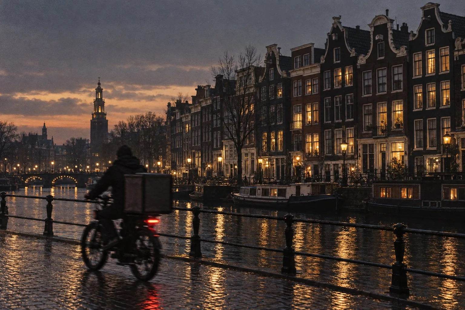 Lachgas Utrecht koerier op een e-bike langs de grachten in de avond